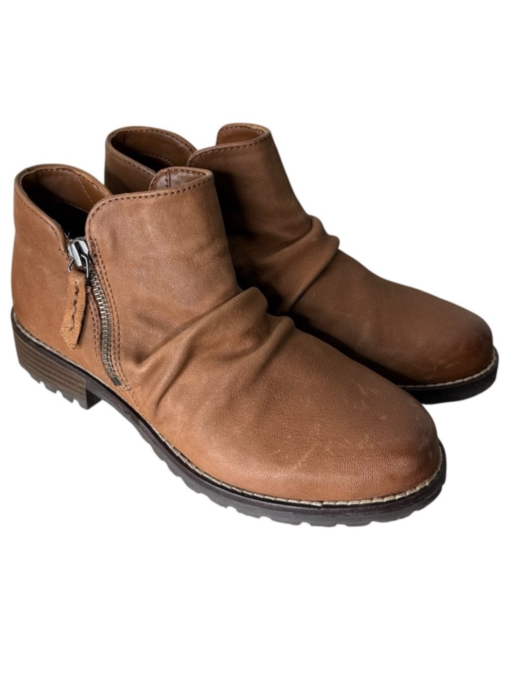 CLARKS Cognac Brown Clarkswell Zipper Booties Distressed Boho Round Toe Size 7